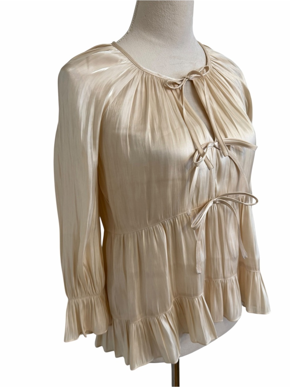 Cinq a Sept Cream Shiny Champagne Ruffled Tie-Front Peasant Blouse - Picture 3 of 7